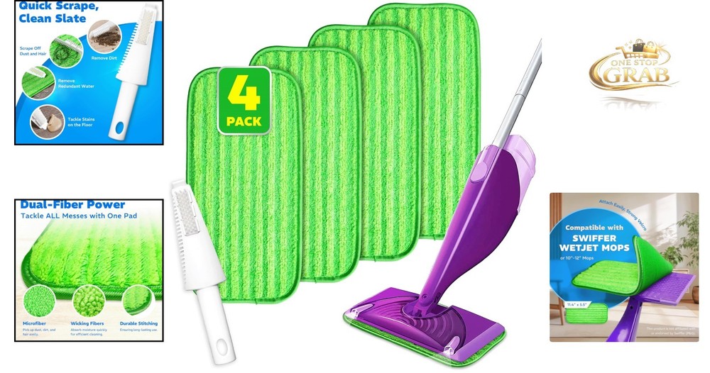 4 Pack Reusable Microfiber Mop Pads for WetJet & Flat Mops Green