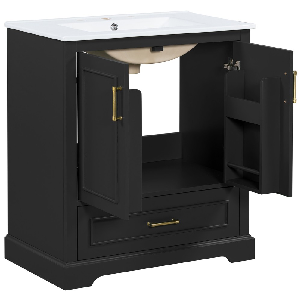 30" Bathroom Vanity w/ Sink, Black, Soft-Close Doors & Drawer, Solid Wood+MDF