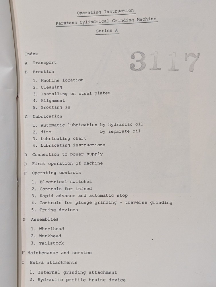 Karstens Operating Instruction Manual for Ser. A Cylindrical Grinding Machine