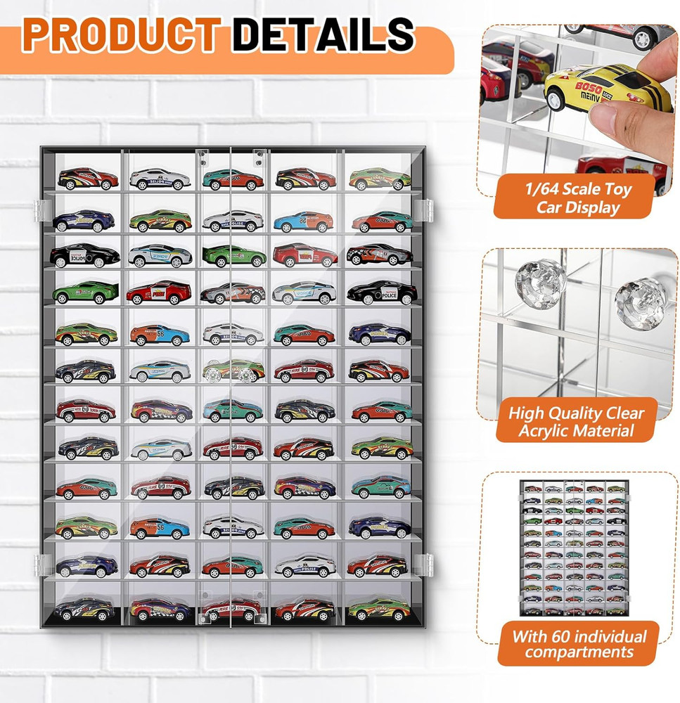 1/64 Diecast Car Display Case for 60 Models with Clear Doors and Wheels Storage