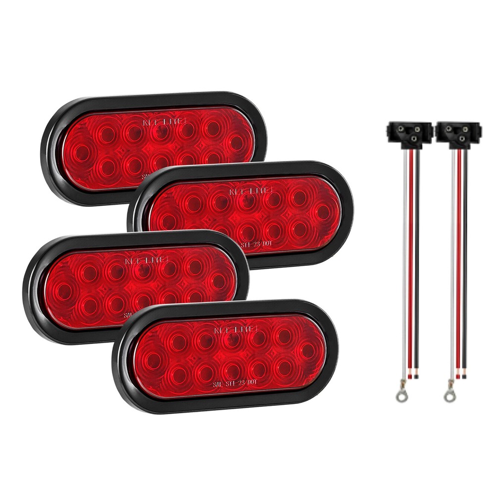 4 pcs Red 6" Oval Trailer Lights 10 LED Stop Turn Tail Truck Sealed Grommet Plug