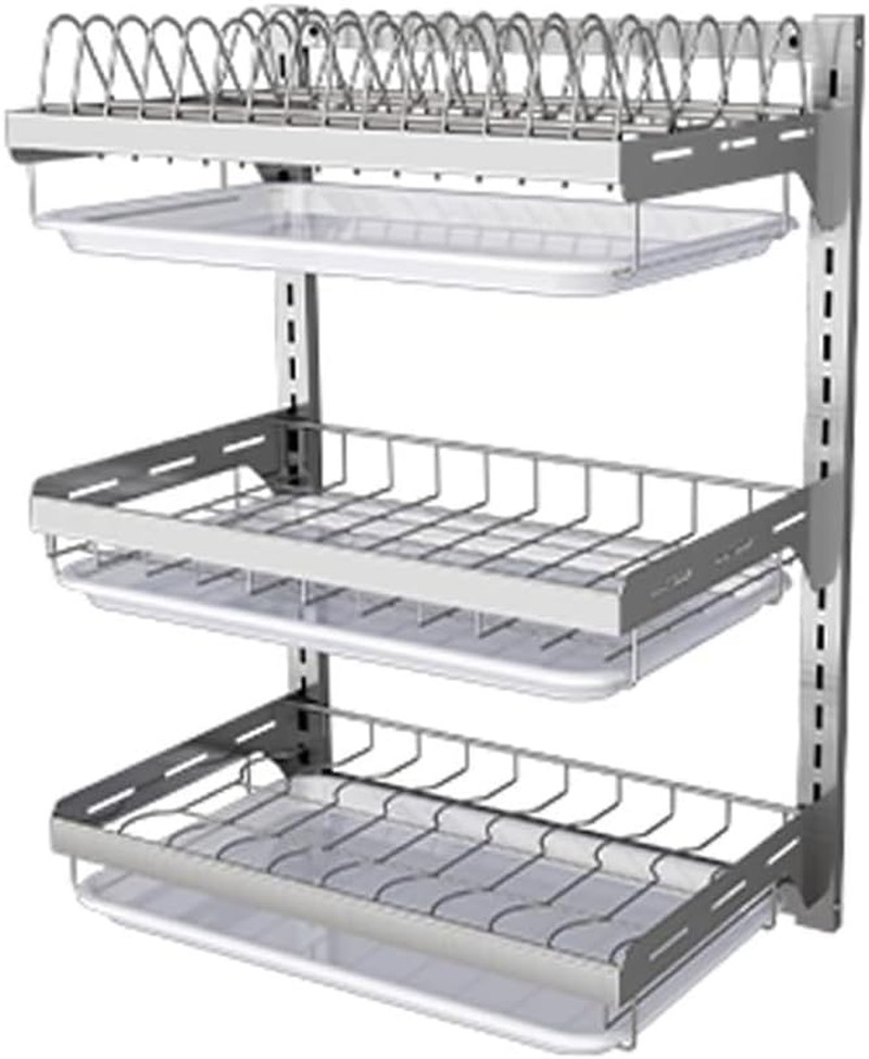 Wall-Mounted 3-Tier Stainless Steel Dish Rack with Drain Tray & Hooks - Silvery