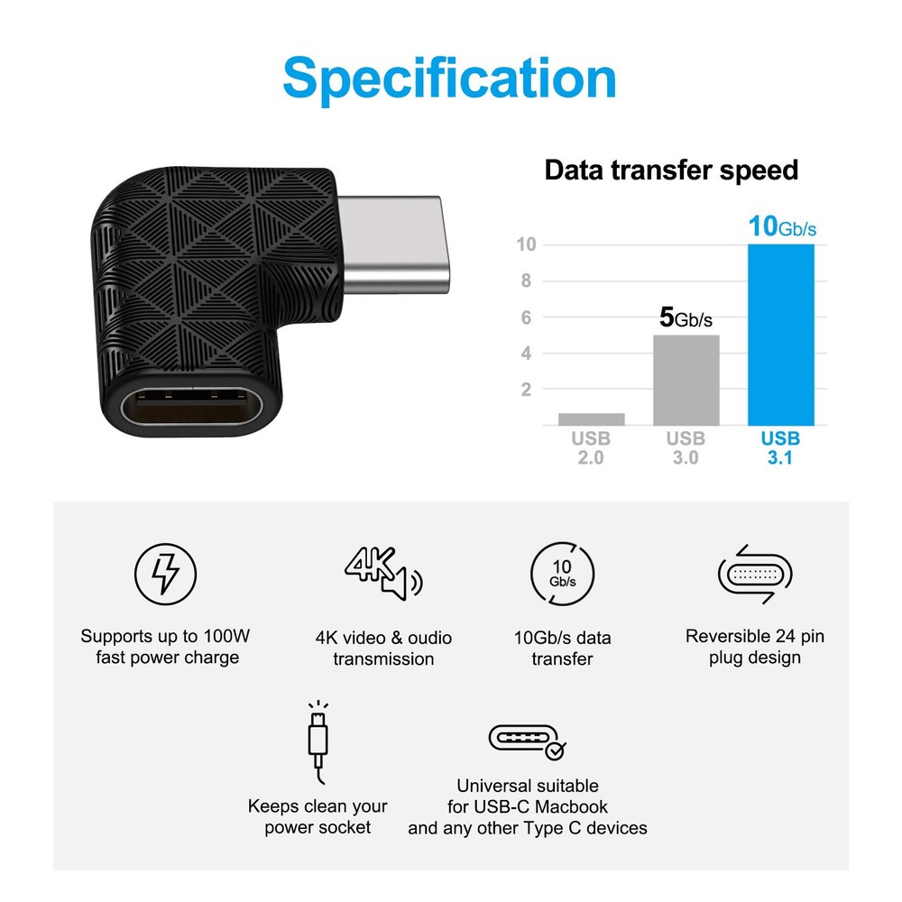 USB C Right Angle Adapter,90 Degree C to C C 3PACK, Black