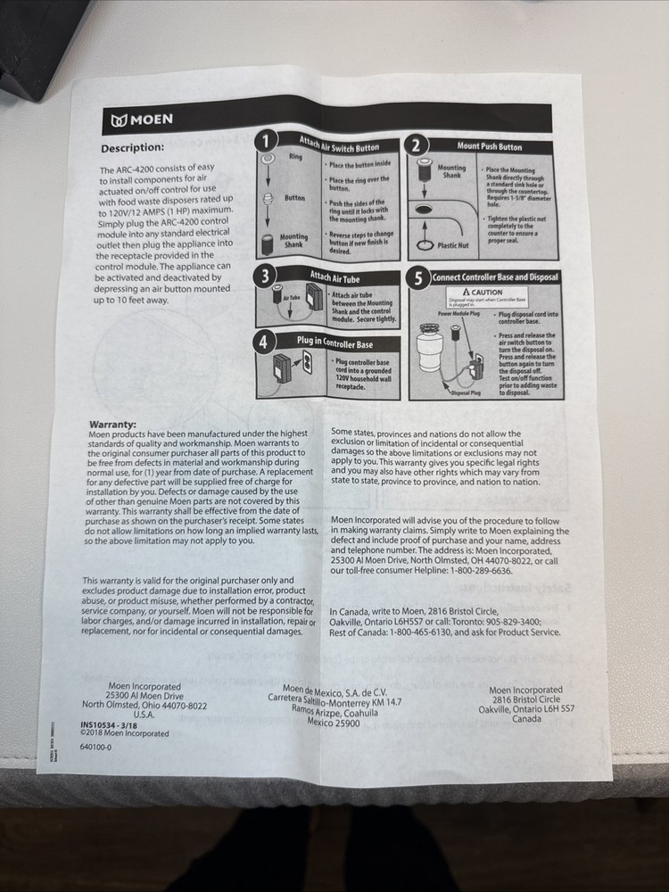 Moen ARC-4200 Garbage Disposal Air Switch Controller Base ONLY