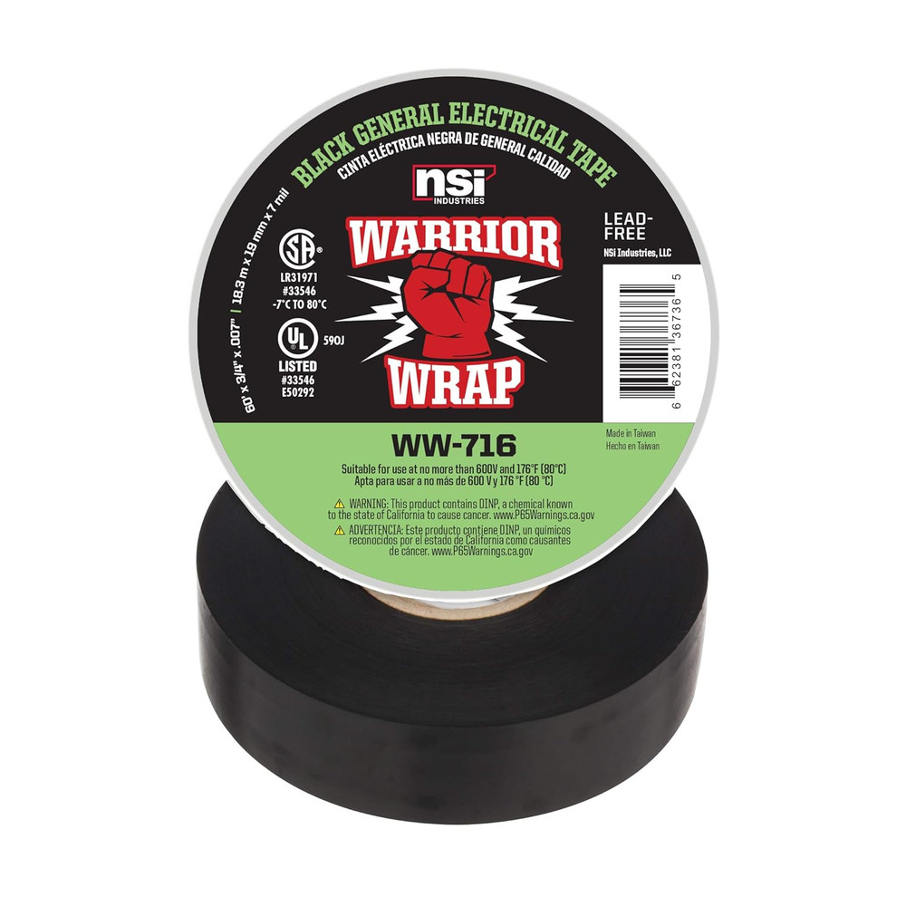 WarriorWrap General 7 mil Vinyl Electrical Tape, 3/4" Width, 60' Length, White