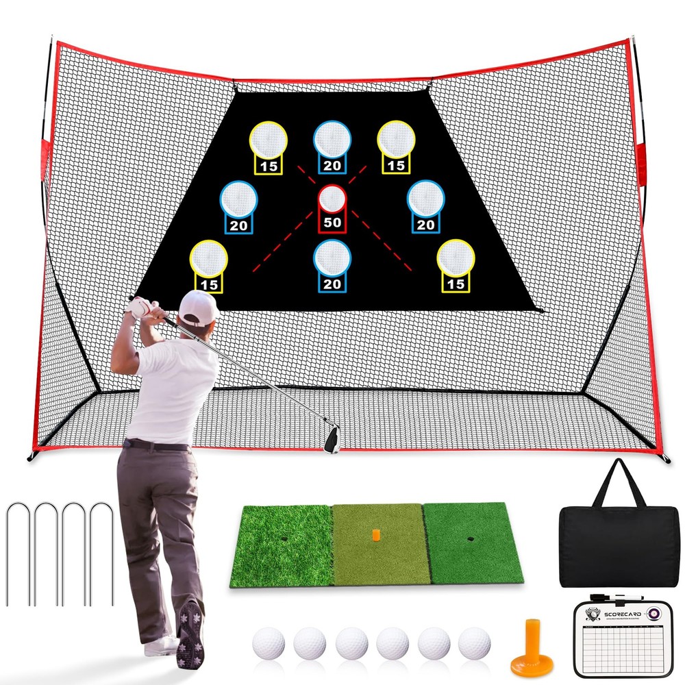 Golf Net, 10x7Ft Practice Hitting Net with Scoring Target Cloth, Tri-Turf Mat