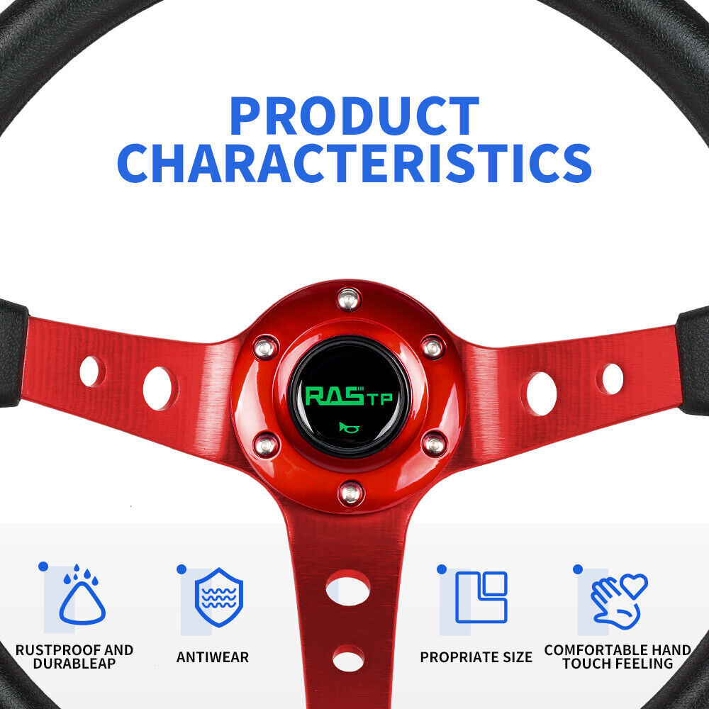 345mm Deep Dished Red Racing Steering Wheel with Ball Quick Release Adapter Kit