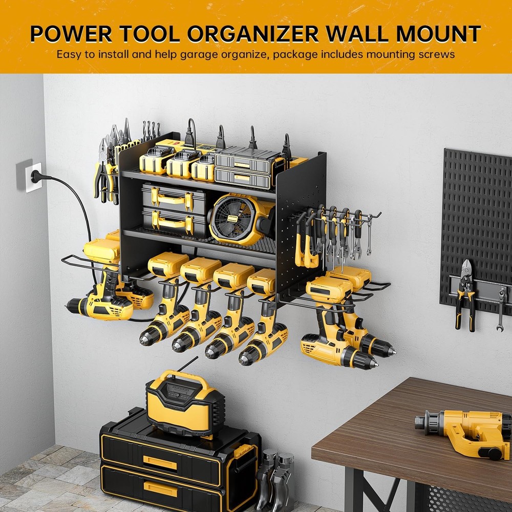 Power Tool Organizer Wall Mount, 3 Layer 8 Drill Holder Tool Shelf Storage Ra...