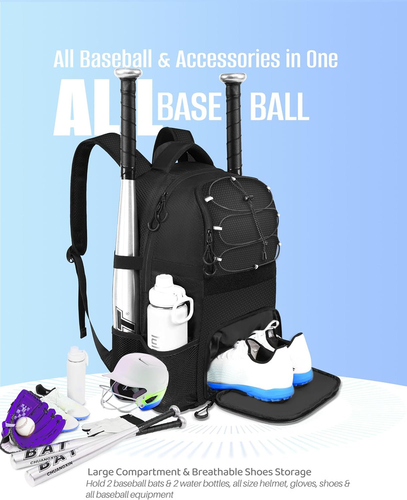 Softball Bag, Lightweight Baseball Backpack with Shoes Compartment, Baseball Bat