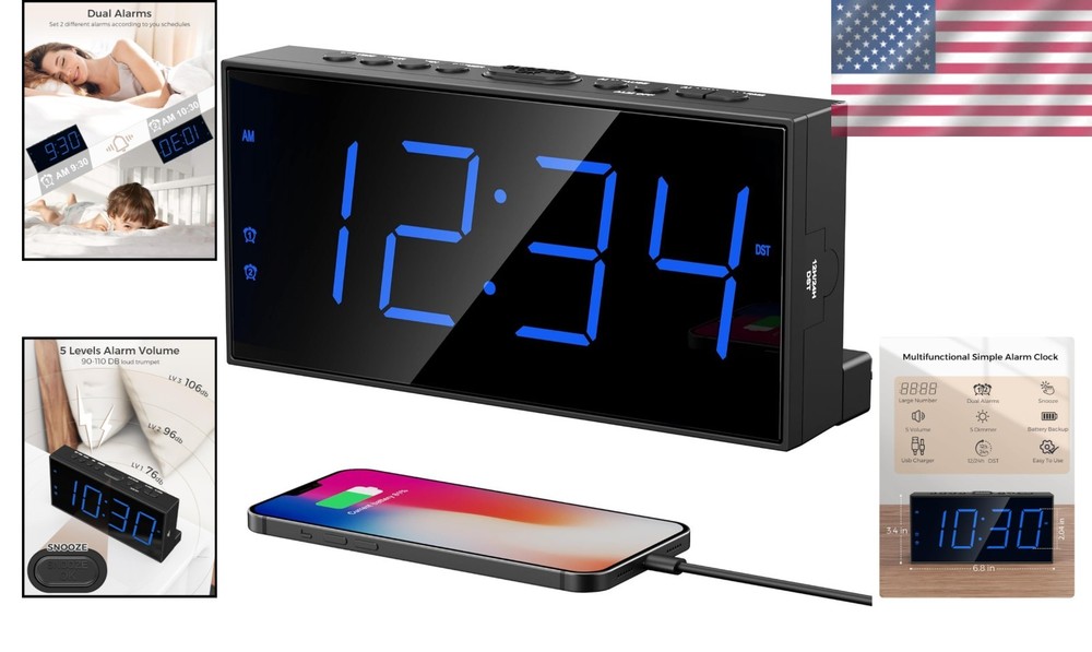 Stylish Tabletop Alarm Clock with Adjustable Volume, USB Charging & Dimmer