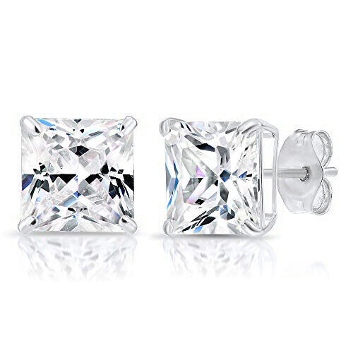 14k solid yellow/white gold square clear CZ basket set stud earrings 3-10mm