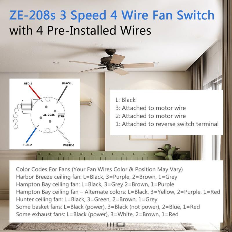 Ceiling Fan Switch Ze208s E89885 3 Speed 4 Wire Fan Light Switch Replacement Par