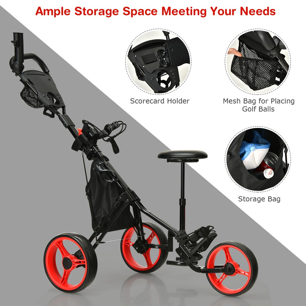 3-Wheel Foldable Golf Push Pull Cart Trolley w/ Seat Adjustable Handle Red
