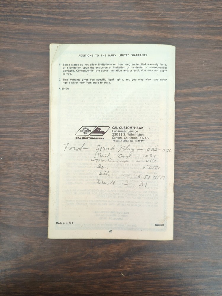 Cal Custom Hawk Operating Instructions Manual For Tachometer Compression Timing