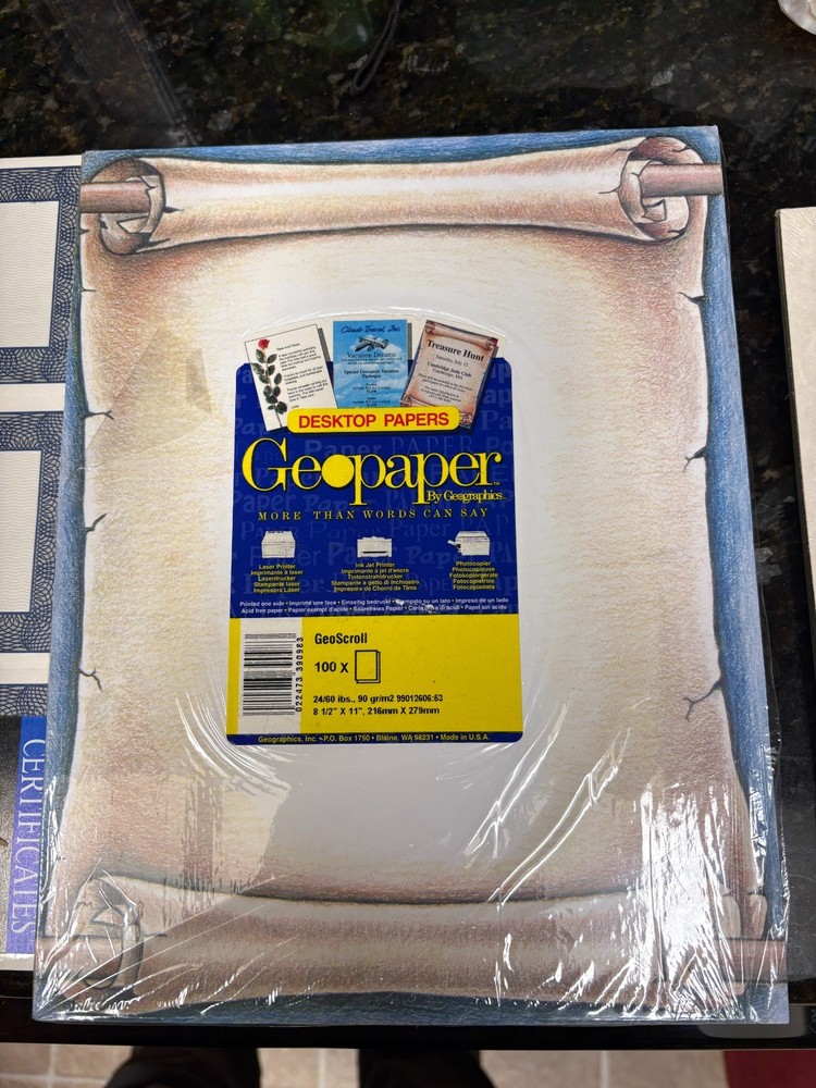 DESKTOP PAPERS Geopaper print certificates, gift certificates, and scroll (open)