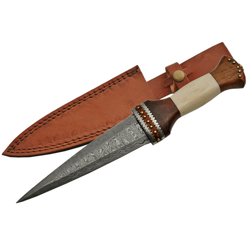 Damascus Steel Dirk Bone Handle Fixed Blade Knife