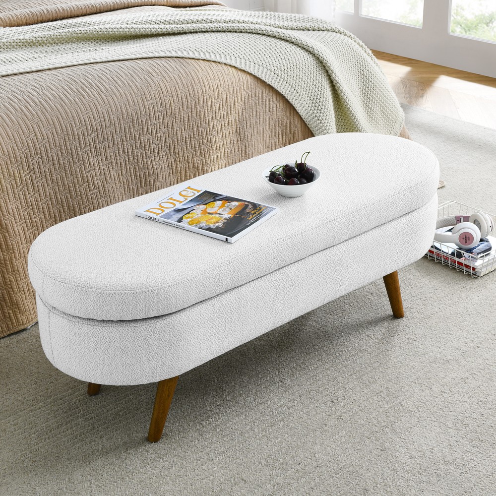 Oval Storage Bench 43.5" Linen Upholstered Ottoman Bench with Solid Wood Legs