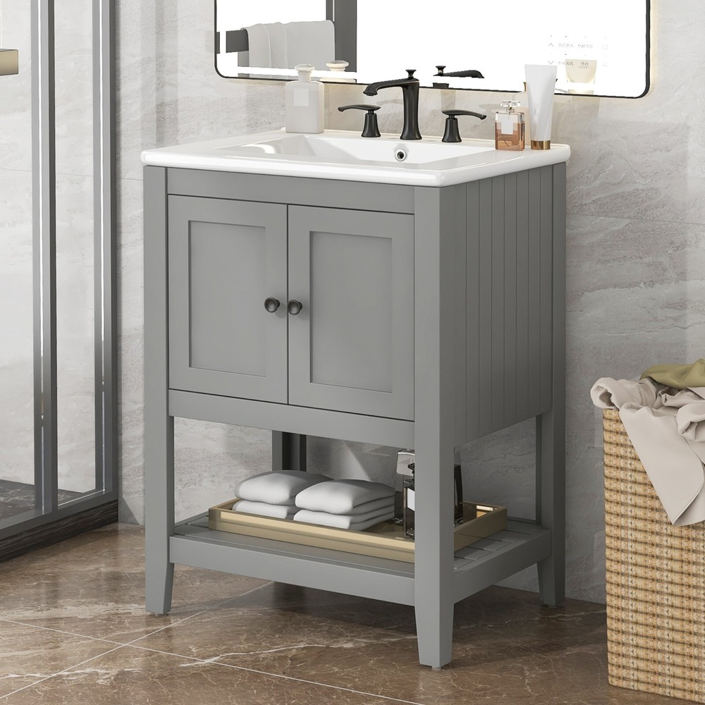 24" Modern Bathroom Vanity - Solid Wood Frame, Semilune Ceramic Sink, Open Shelf