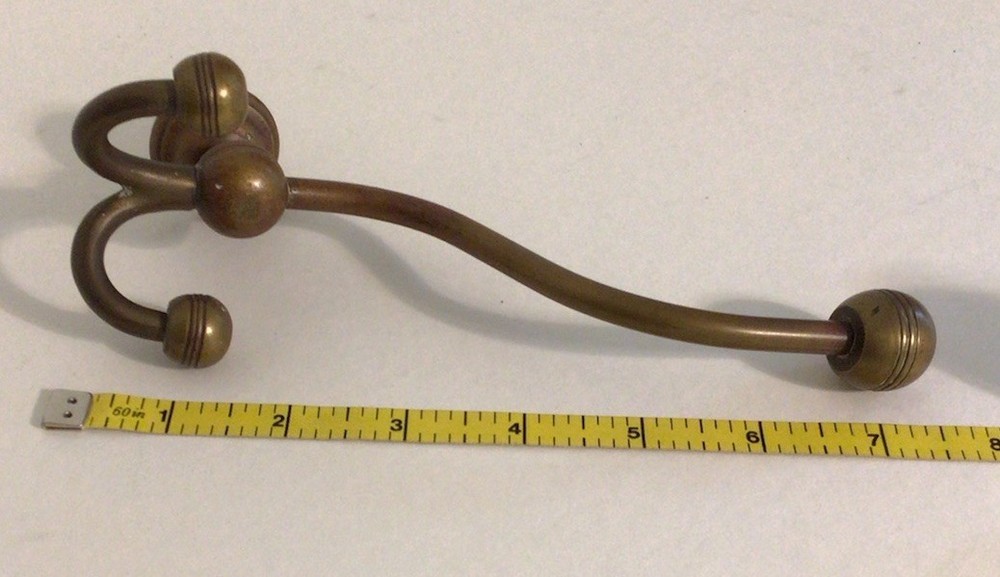 Vintage Solid Brass Large Coat Hook, 3 Hooks, Nice Patina