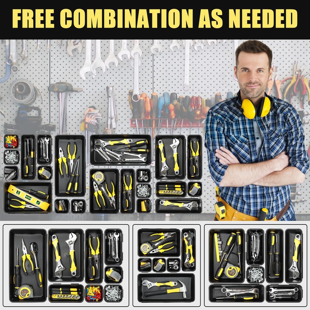 60 PCS Black Plastic Tool Box Organizer Tray Divider 5 Size Drawer Storage