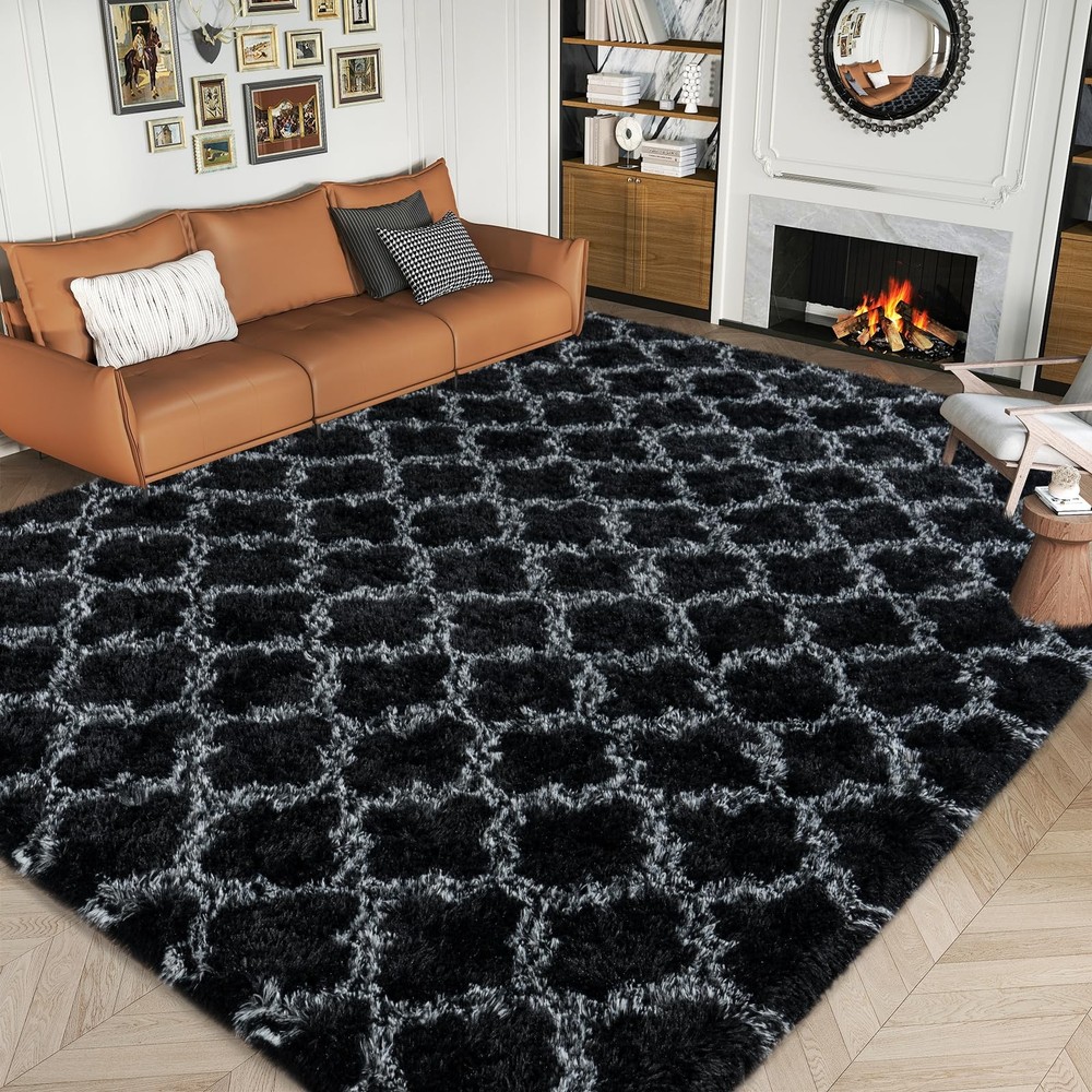 Dssimo Super Fluffy Moroccan Trellis 5x7 5' x 7' (Rectangular), Tie-dye Black