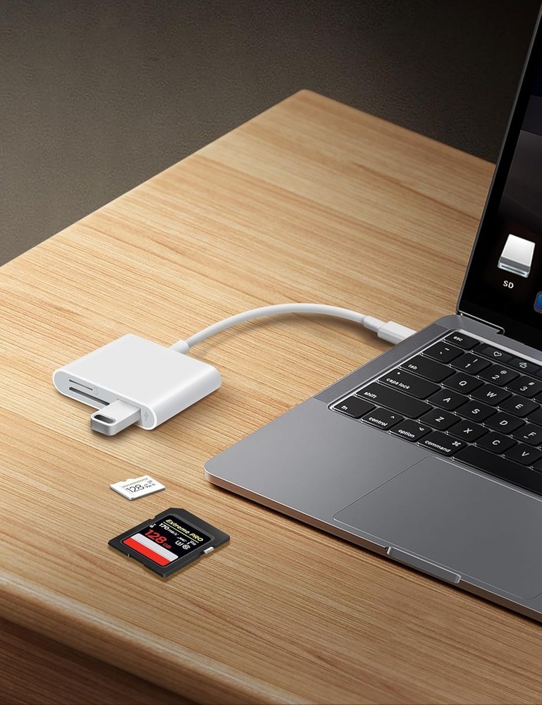 USB C SD Card Reader for iPhone 15 16 iPad Mac 3 in 1 USB-C Memory Trail Camera