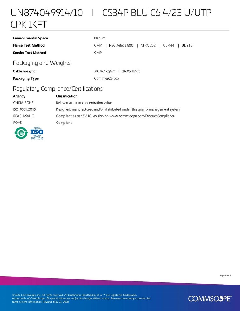 Commscope CS34P 23/4P Cat6 U/UTP WebTrak Plenum CMP Network Cable Blue /100ft