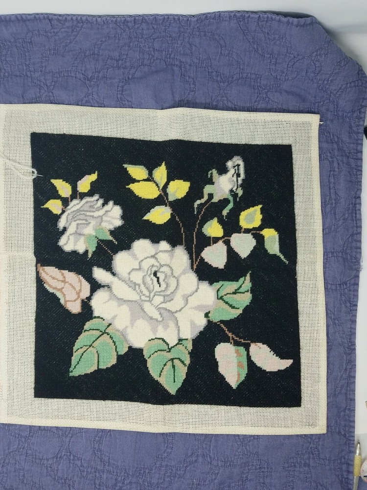 Partial Finished Vintage Needlepoint Panel White Roses Leaves 17.5" square