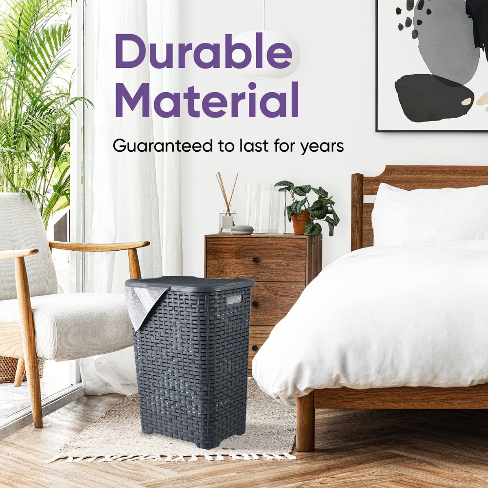 Plastic Wicker Laundry Hamper with Lid and Handles-Grey (60 Liter)