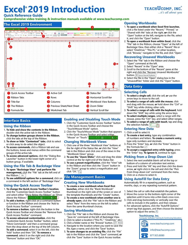Excel 2019 Training Guide Quick Reference Card 4 Page Cheat Sheet Instructions