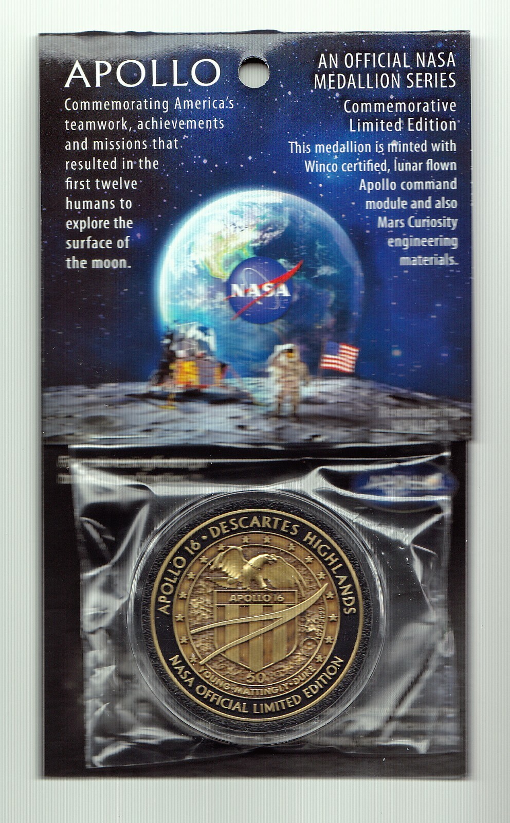 APOLLO-16 - 50th Anniversary - LUNAR FLOWN METAL - NASA MEDALLION - COA -MINT
