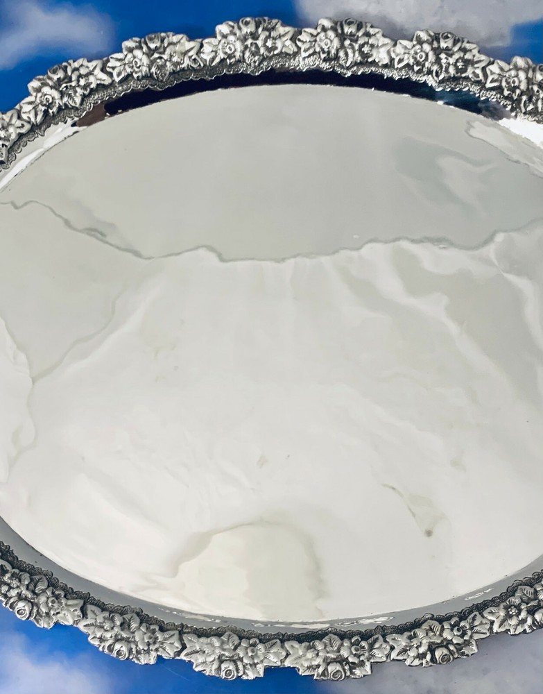 SOLID 925 STERLING SILVER OVAL MOTIF FLORAL TRAY / PLATTER