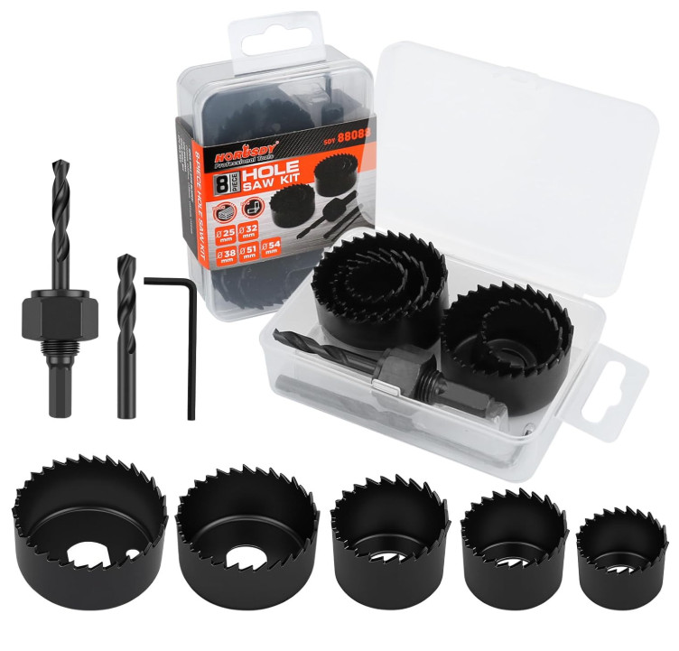 HORUSDY 8PCS Hole Saw Kit 1"-2-1/8" with Drill Bits Mandrel & Hex Key