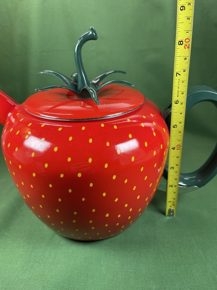 Vtg COPCO ENAMELWARE STRAWBERRY 2.5 Quart - Tea Kettle *Missing Whistle Cap*