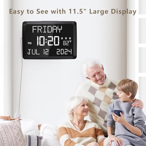 Digital Clock, 11.5" Large Display Calendar Clock with Day and White Font