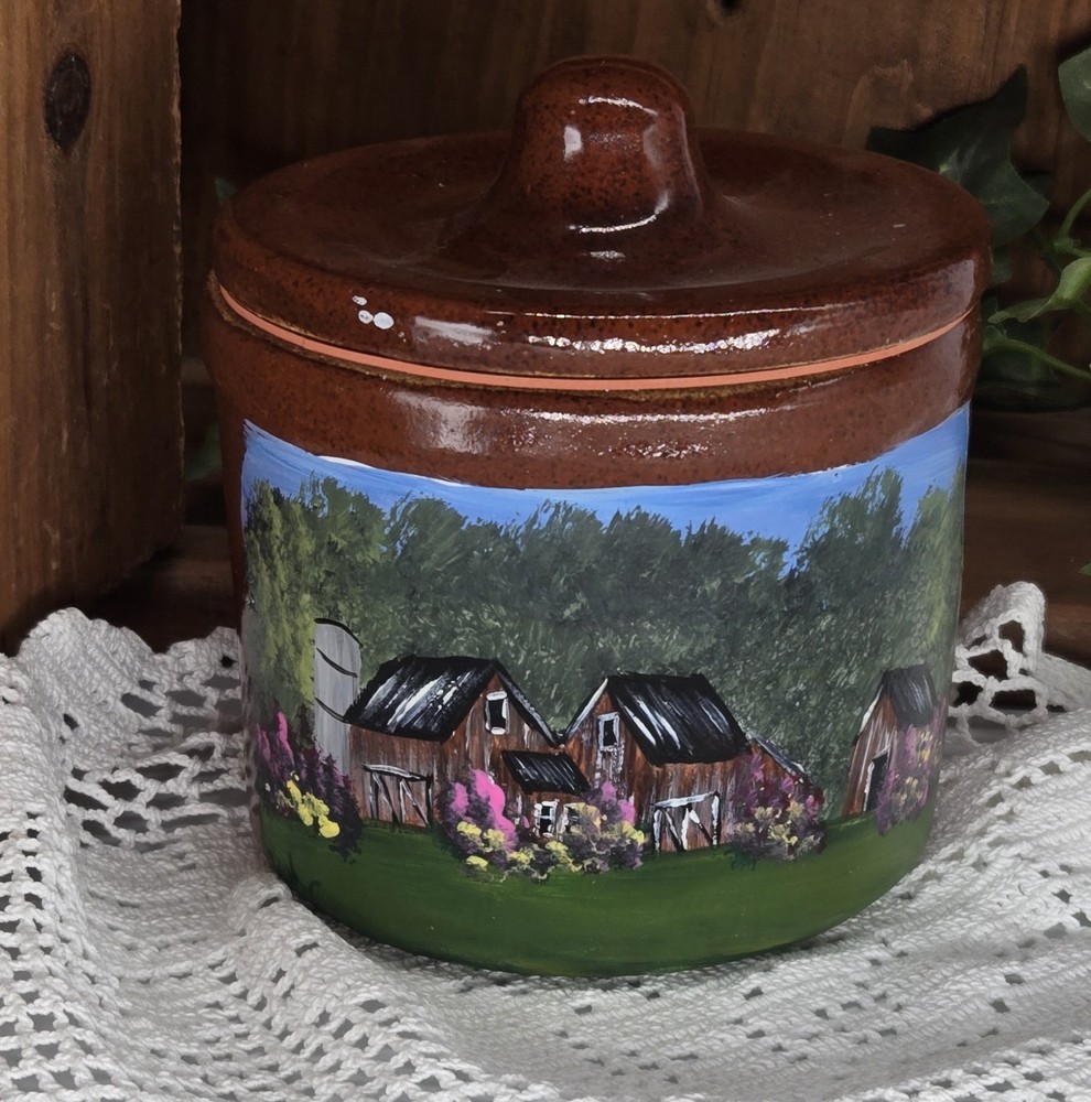 cheese crock w/ summer barn (26055) hand painted