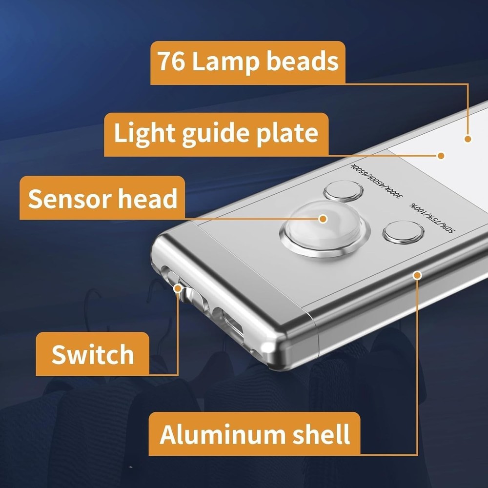 76 LED Motion Sensor Light, 2 Pack USB Rechargeable under Cabinet Lights