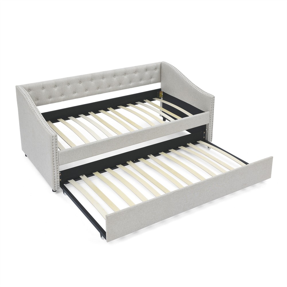 Twin/Full Size Daybed w/ Pull Out Trundle Bed Upholstered Bed Frame Sofa Bed