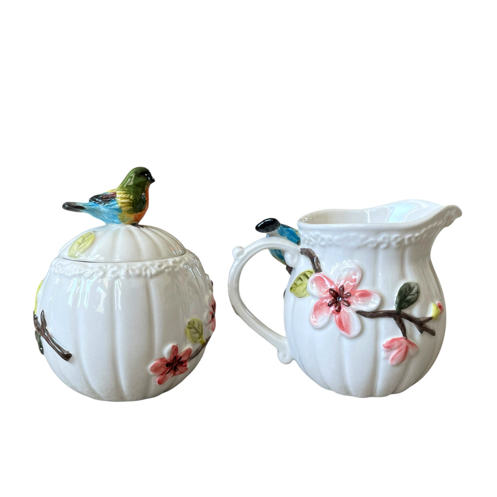 Corner Ruby Botanical Collection Floral & Bird Ceramic Sugar & Creamer Set NEW