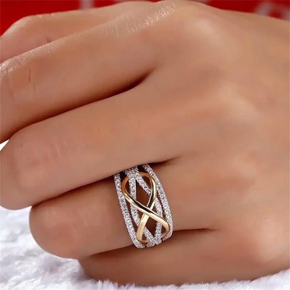 925 Sterling Silver Shiny Full Diamond Gemstone Ring 18K Gold US Code 6,