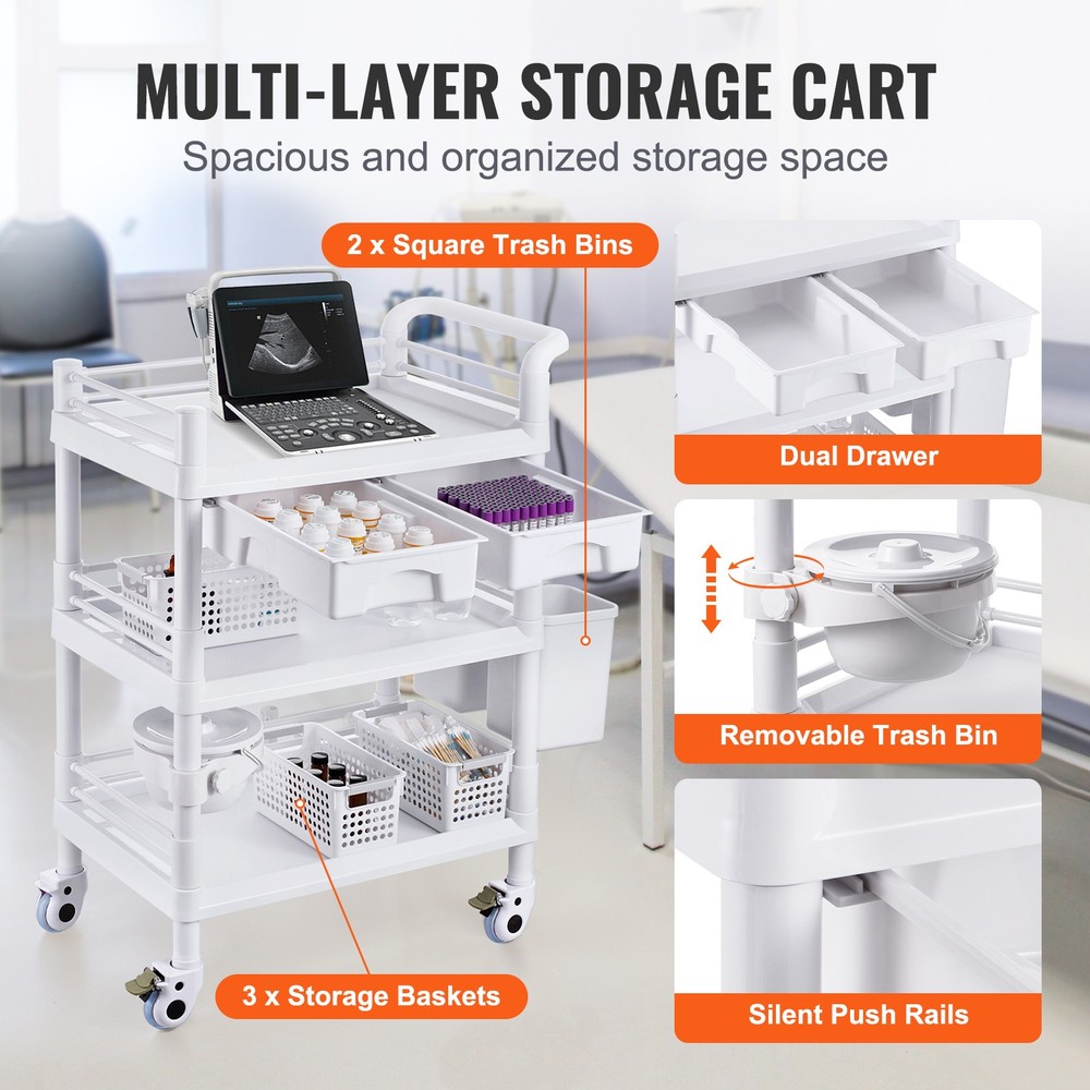 Rolling Lab Cart with 3 Trays & Trash Cans, Mobile Storage Trolley