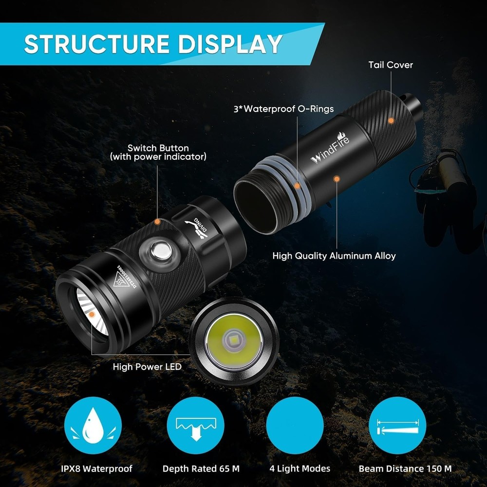 WindFire Dive Lights Scuba Diving Flashlight, Waterproof 262 ft Underwater