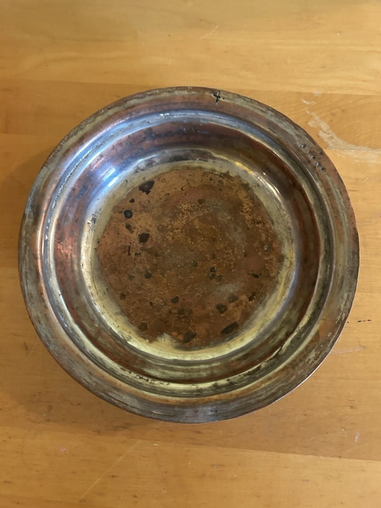 Antique Middle Eastern Copper Silverplate Serving With Hanging Loop And Hallmark