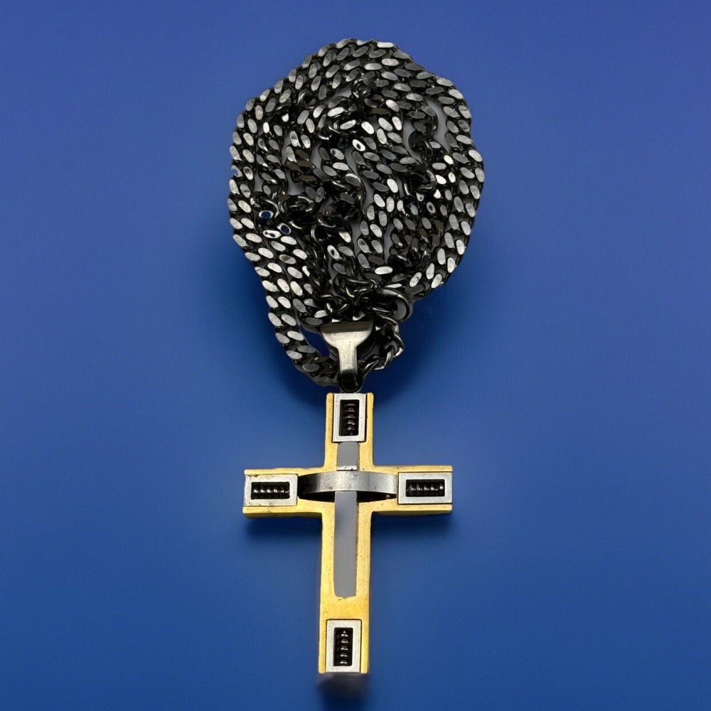 Christian Cross Stainless Steel Religious Medal On 24” Chain Necklace
