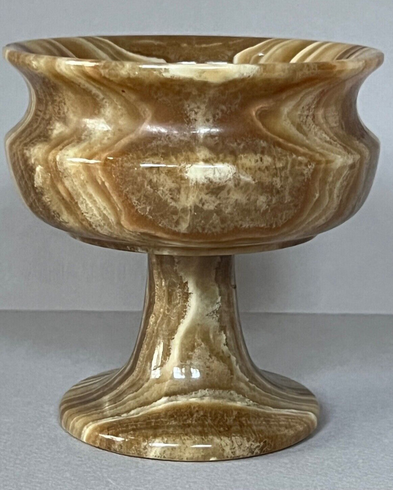Vtg Genuine SOLID Heavy Polished ONYX MARBLE STONE Footed CONTAINER Home DECOR