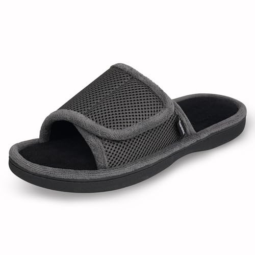 Men's Adjustable Wrap Open-toe Slippers with Memory Foam, 9-10 Dark Grey
