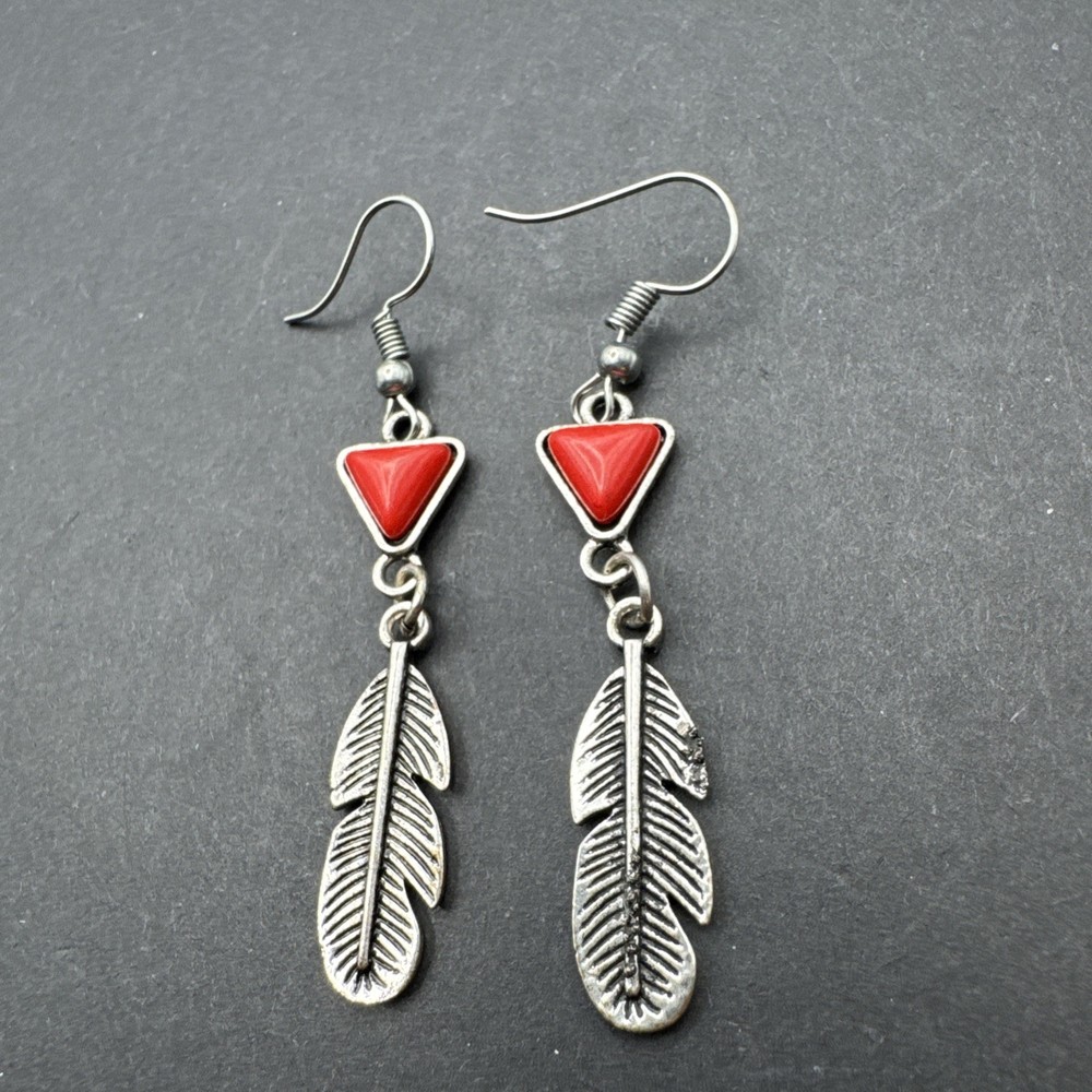 Native Inspired Dangle Drop 2.5” Earrings Silver Tone Red Stone Feather
