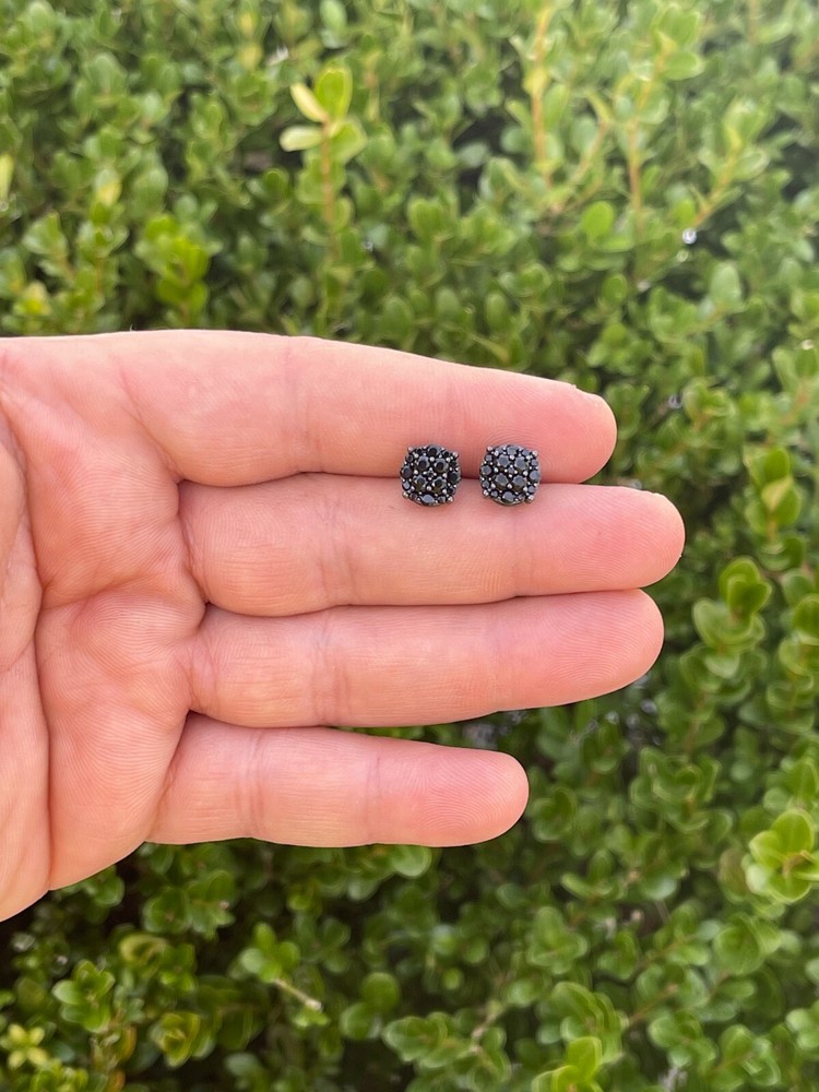 Real Solid 925 Silver Hip Hop Black CZ Earrings 1/3" Cluster Round Studs