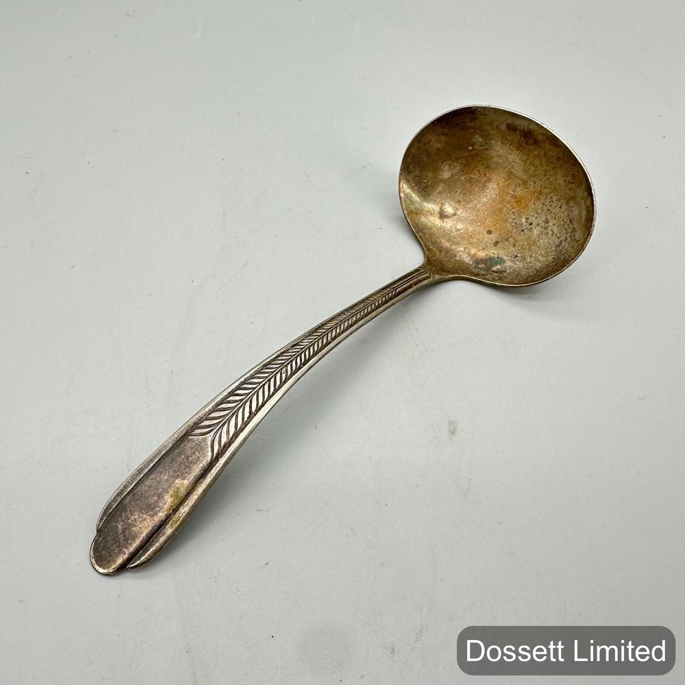 Silver Plated Soup Gravy Ladle Feather Pattern Handle Traditional Serving Spoon