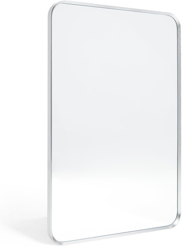 Wall Mount Mirror Bathroom Brush Black Metal Framed Rounded Corner Rectangular